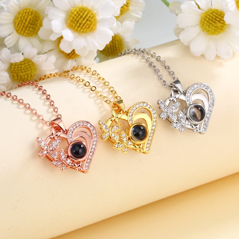 Popular Heart Butterfly Necklace For Women In 100 Languages ​​I Love You Color Picture Projection Customized Heart Clavicle Chain - Image 2